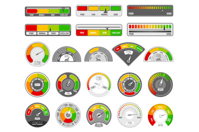 Speedometer indicator level. Quality rating indication, goods grade ta