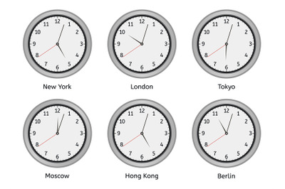 Time zone clocks. Modern wall round clock face, time zones day and nig