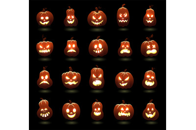 Halloween pumpkins. Cartoon scary carving pumpkin characters, angry gl