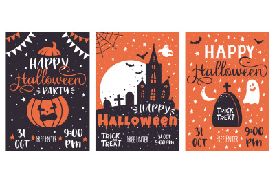 Halloween party posters. Scary pumpkin, haunted house, flying bats gre