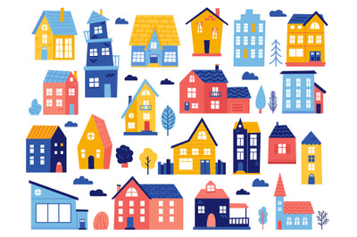 Doodle cottages. Cute tiny town houses, minimal suburban houses, resid