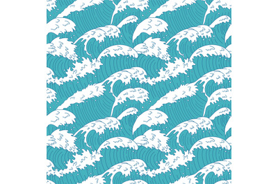 Sea waves seamless pattern. Ocean water wave lines, raging curve sea w