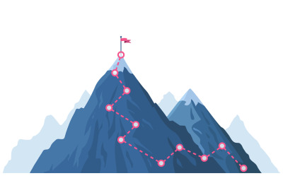 Mountain progression path. Climbing progress route, mountain peak over