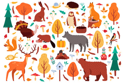 Autumn cute animals. Wild hand drawn bear raccoon fox and deer charact