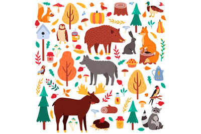 Cartoon autumn animals. Cute woodland birds and animals&2C; moose duck wo