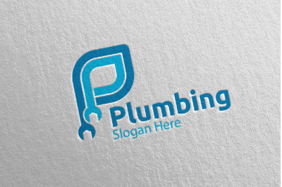 Letter P Plumbing Logo with Water and Fix Home Concept 21