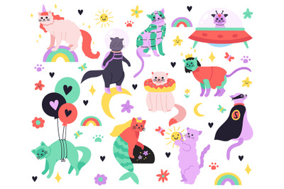 Funny cartoon cats. Kitty mermaid&2C; unicorn&2C; superhero&2C; astronaut and a