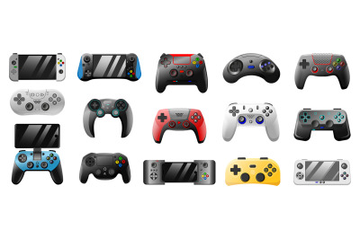 Console gamepad. Playing joystick, PC games controllers, video game wi