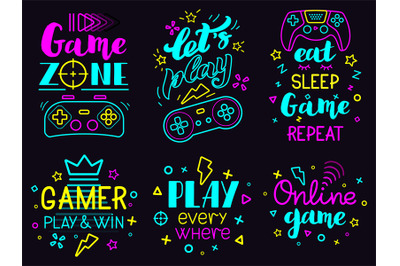 Neon video game phrases. Online game console lettering, modern gamer j