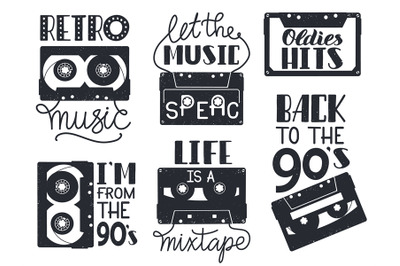 Retro cassette lettering. Hand drawn 90s retro music analogue audio ca