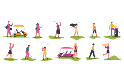 Golf people scenes. Male and female golfers, golf characters chase and