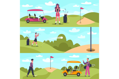 Golf banners. Male and female golf characters playing outdoor sports,