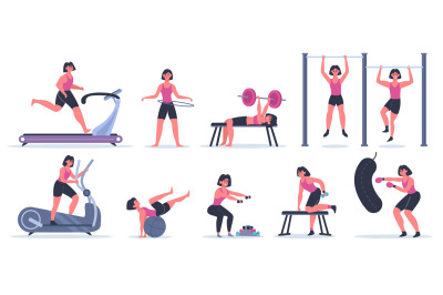 Women at gym. Female sport fitness character, workout girl run, pull u