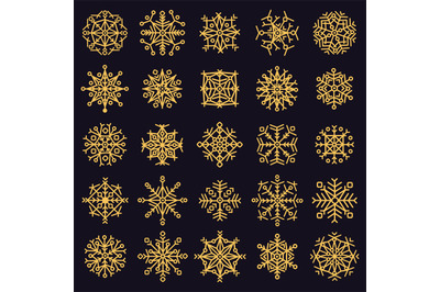 Golden snowflakes. Winter frosted snowflake, gold ice snow xmas stars,