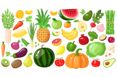 Cartoon fruits and vegetables. Vegan lifestyle food, organic nutrition