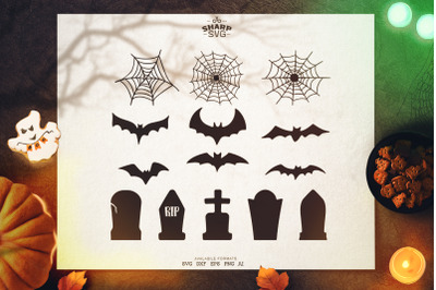 Halloween Decorations SVG | Tombs, SpiderWeb, Bats SVG