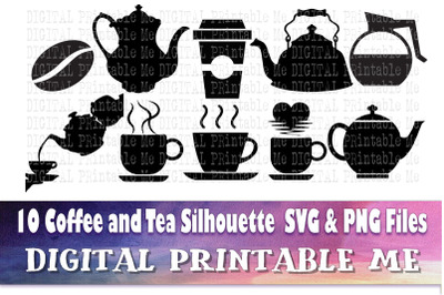 Coffee svg, Tea silhouette bundle, 10 images, hot drink, beverage, mug