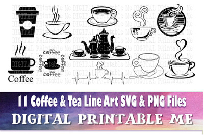 Coffee svg, Tea outline silhouette bundle, 11 images, hot drink, bever