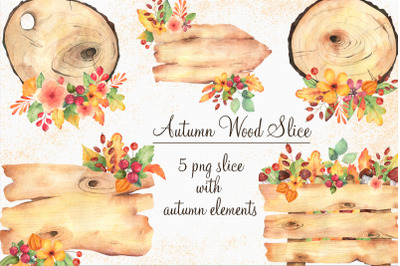 Autumn wood slice in watercolor