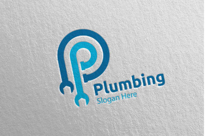 Letter P Plumbing Logo with Water and Fix Home Concept 29