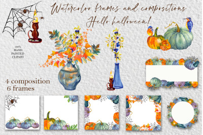 Autumn clipart. Yellow and gree pumpkin and autumn leaves