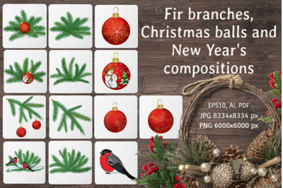 Fir branches, Christmas balls and New Year&#039;s compositions