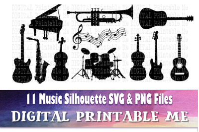 Musical Instrument Silhouette, Music, SVG, PNG,  Clip Art Pack , 11 Im