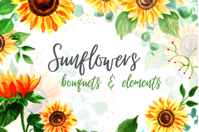 12&amp;nbsp;Sunflower Watercolor clipart bundle