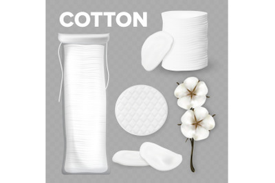 Cotton Flowers Buds Branch And Product Set Vector