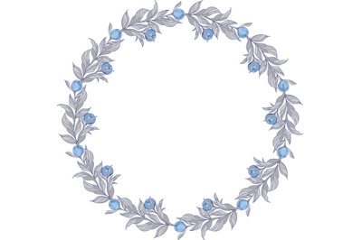 wreath with blue peonies flowers with gray leaves