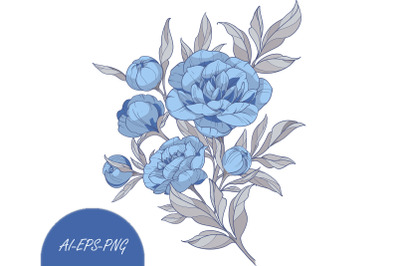Vector Clipart with Bouquet blue peonies flowers