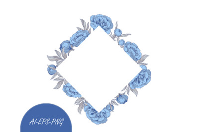 Vector Clipart frame with blue peonies flowers