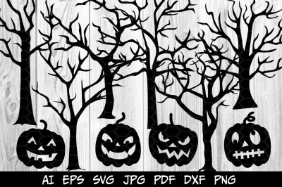 6 Halloween Trees, 4 Pumpkin&#039;s Heads SVG