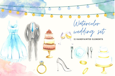 Watercolor Wedding Invitation Elements, Wedding Rings, Wedding Dress