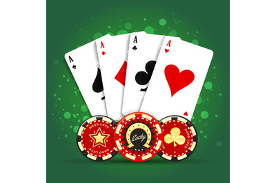 Four aces playing cards spades hearts diamonds clubs and casino chips