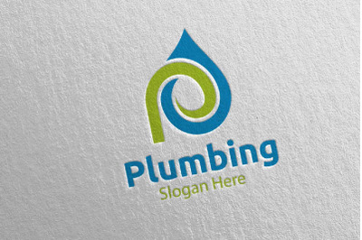 Letter P Plumbing Logo with Water and Fix Home Concept 61