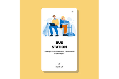 Family Sitting On Bus Station Wait Vehicle Vector