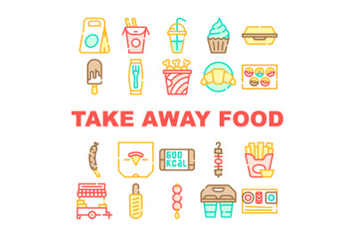 Take Away Food Service Collection Icons Set Vector