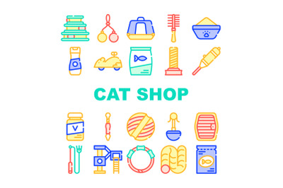 Cat Market Accessory Collection Icons Set Vector