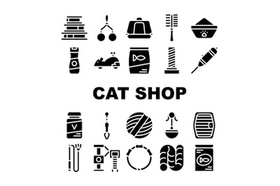 Cat Market Accessory Collection Icons Set Vector