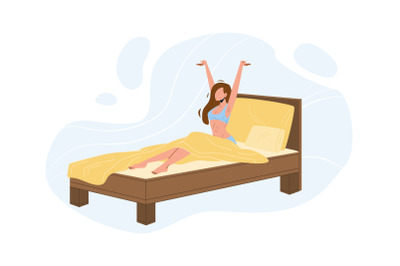 Woman Awake Morning In Comfortable Bed Vector