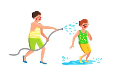 Children Playing And Splashing On Backyard Vector