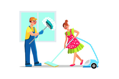 Cleaning Service Employees With Equipment Vector