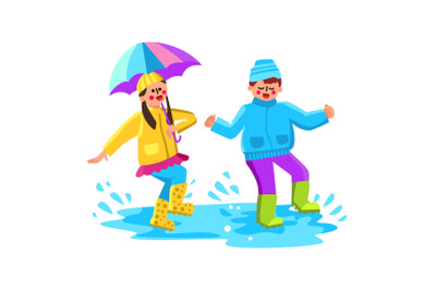 Children Jumping In Puddle With Splash Vector