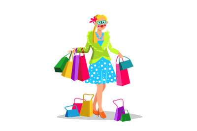 Shopaholism Problem Woman Walking With Bags Vector