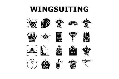 Wingsuiting Sport Collection Icons Set Vector