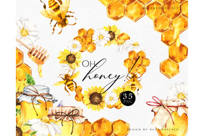 Watercolor honey bee clipart Sunflower clipart, honey comb, honey jar