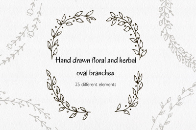 Hand drawn floral and herbal oval branches.