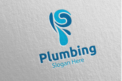 Letter P Plumbing Logo with Water and Fix Home Concept 68