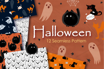 Halloween Spooky Cat and Ghost Seamless Pattern